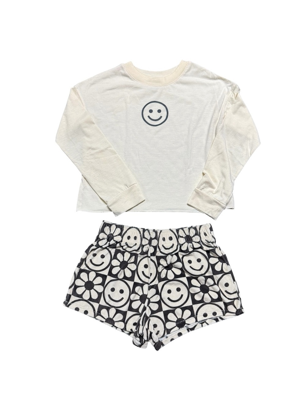 Girls 2 Piece Smiley Face Pajama Set Size L 10/12 Cream Long Sleeve & Shorts